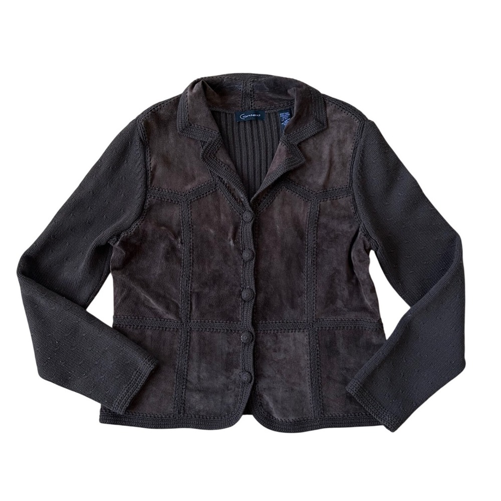Vintage Brown Suede Leather Merino Wool Ribbed Knit Cardigan Jacket L Y2k